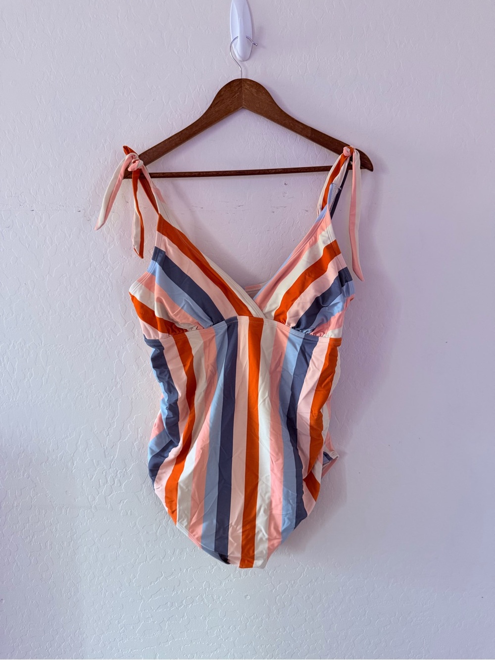 Striped Tie-Shoulder Kids One-Piece Swimsuit‎ in Peach, Blue & Orange